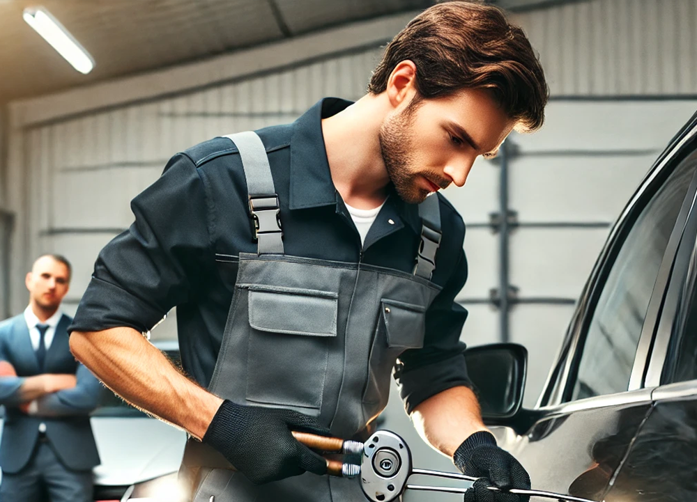Automotive locksmith unlocking car door during emergency lockout