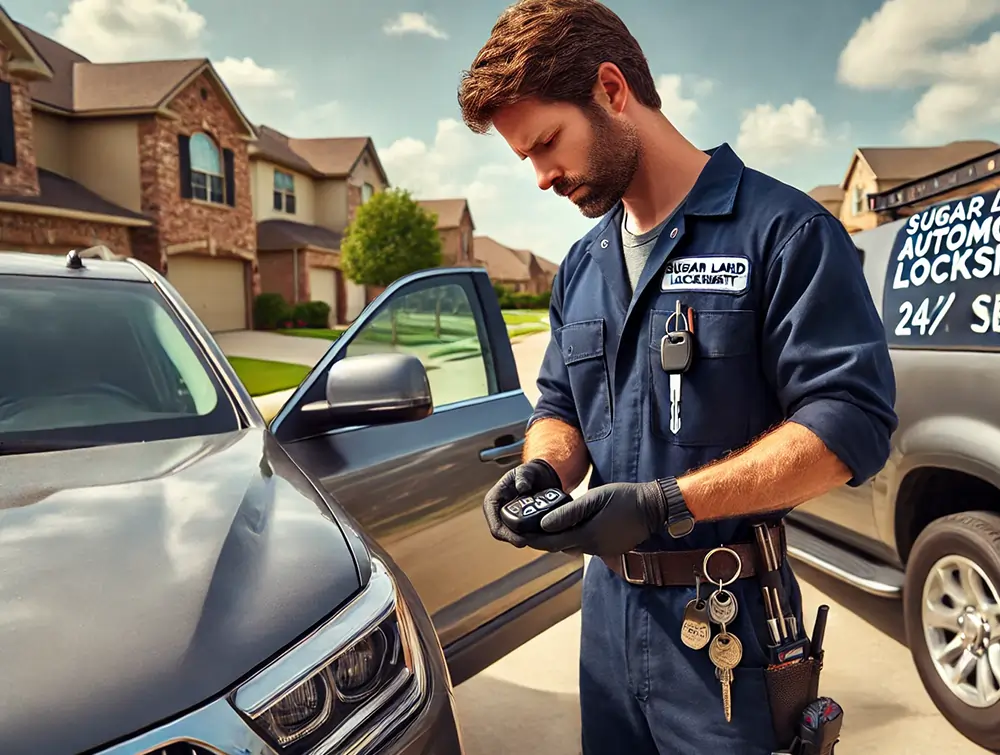 Mobile car locksmith van parked in Sugar Land neighborhood