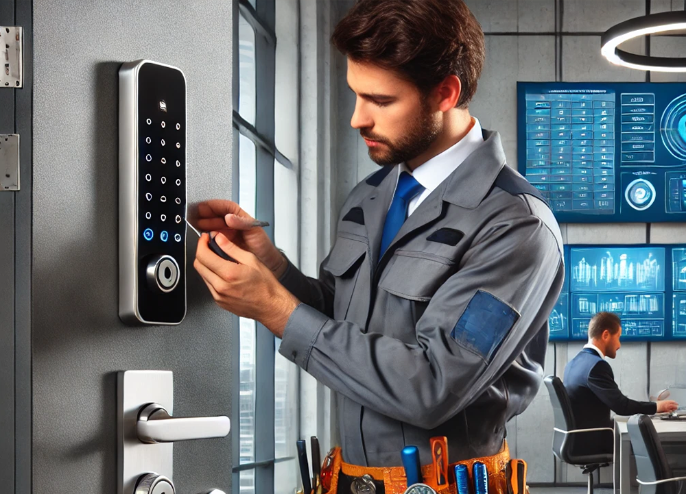 Commercial locksmith installing high-security lock on office door