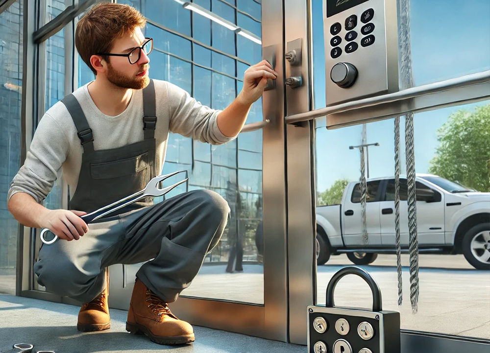 Locksmith van parked at corporate complex in Sugar Land Texas for emergency door repair