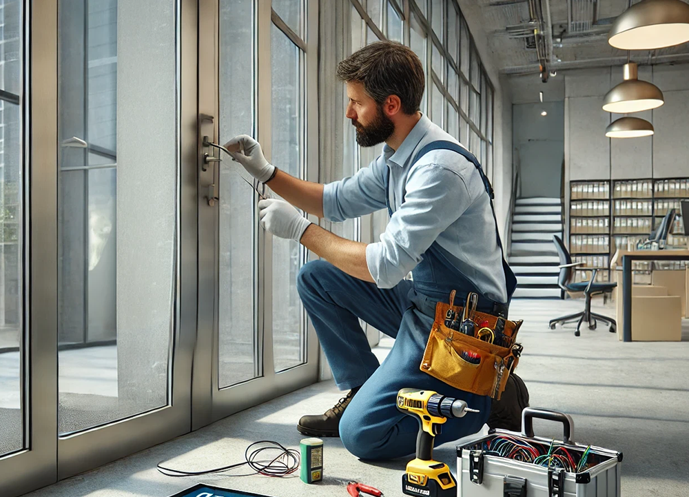 Modern commercial access control upgrade by Sugar Land TX locksmith technician