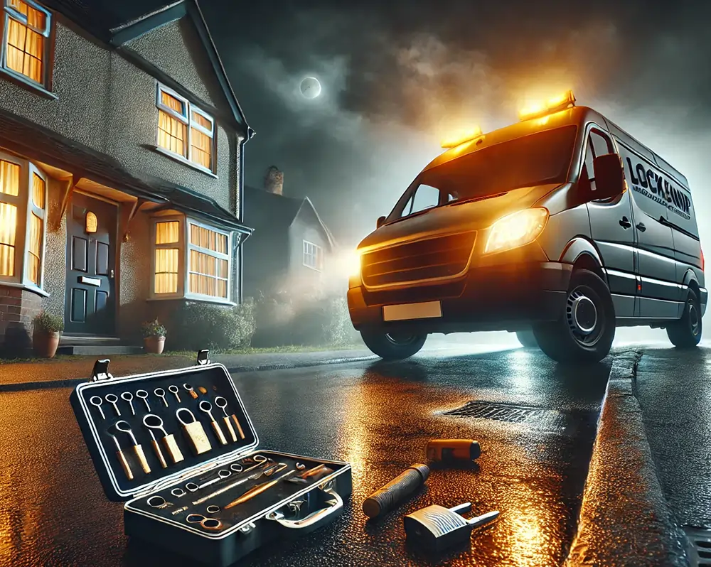 24/7 locksmith assisting with house lockout on suburban street