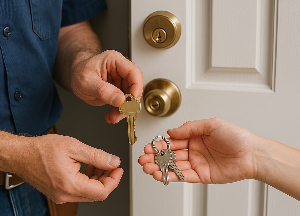Locksmith replacing a lost house key with a new one on-site