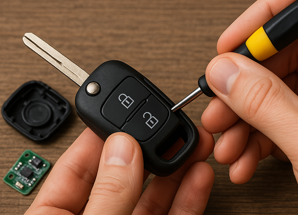 Close-up of transponder key chip repair Sugar Land TX